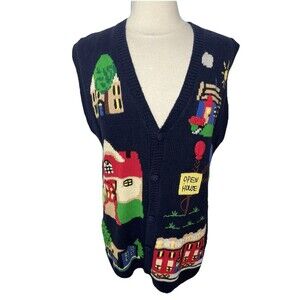 Vintage Eagle’s Eye Novelty 90s Realtor Navy Blue Button Down Sweater Vest  XL